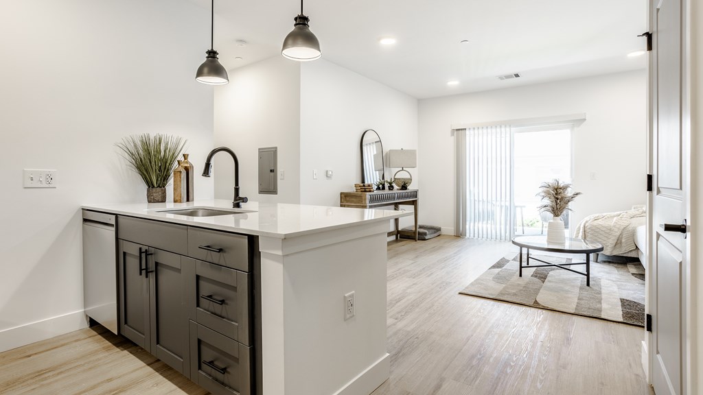 A modern kitchen with a white countertop and dark cabinets.