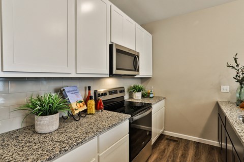 the preserve at ballantyne commons apartment kitchen with granite counter tops and black appliances