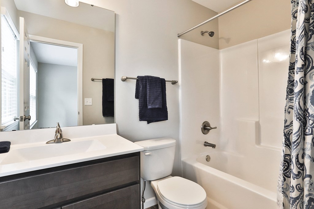 a bathroom with a sink toilet and shower and a mirror at The Willows, O'Fallon