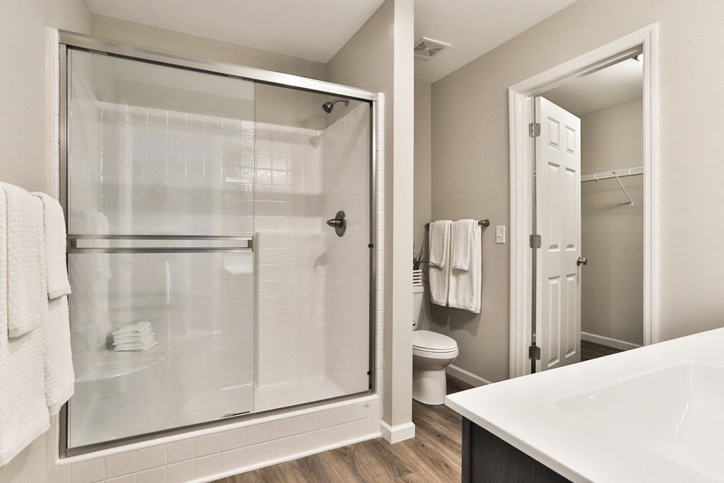 a bathroom with a shower and a sink and a toilet