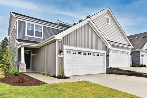 a house with a white garage door and a driveway