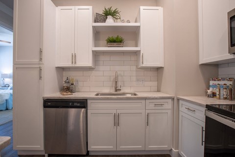 A kitchen with white cabinets and a stainless steel dishwasher.