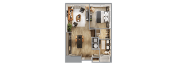 a 3d rendering of a floor plan with a bedroom and a living room at Bemiston Place Apartments, Clayton