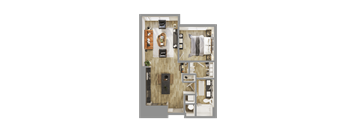 a 3d rendering of a floor plan of a bedroom at Bemiston Place Apartments, Missouri