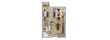 a 3d rendering of a floor plan of a bedroom at Bemiston Place Apartments, Missouri