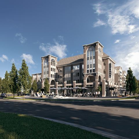a rendering of a large building on a city street