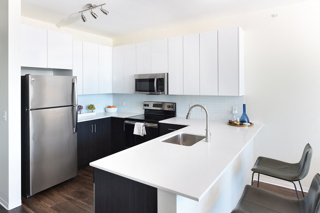 kitchen with white cabinets and quartz countertops kitchen with white cabinets and quartz countertops at Two Twelve Clayton, Clayton, Missouri