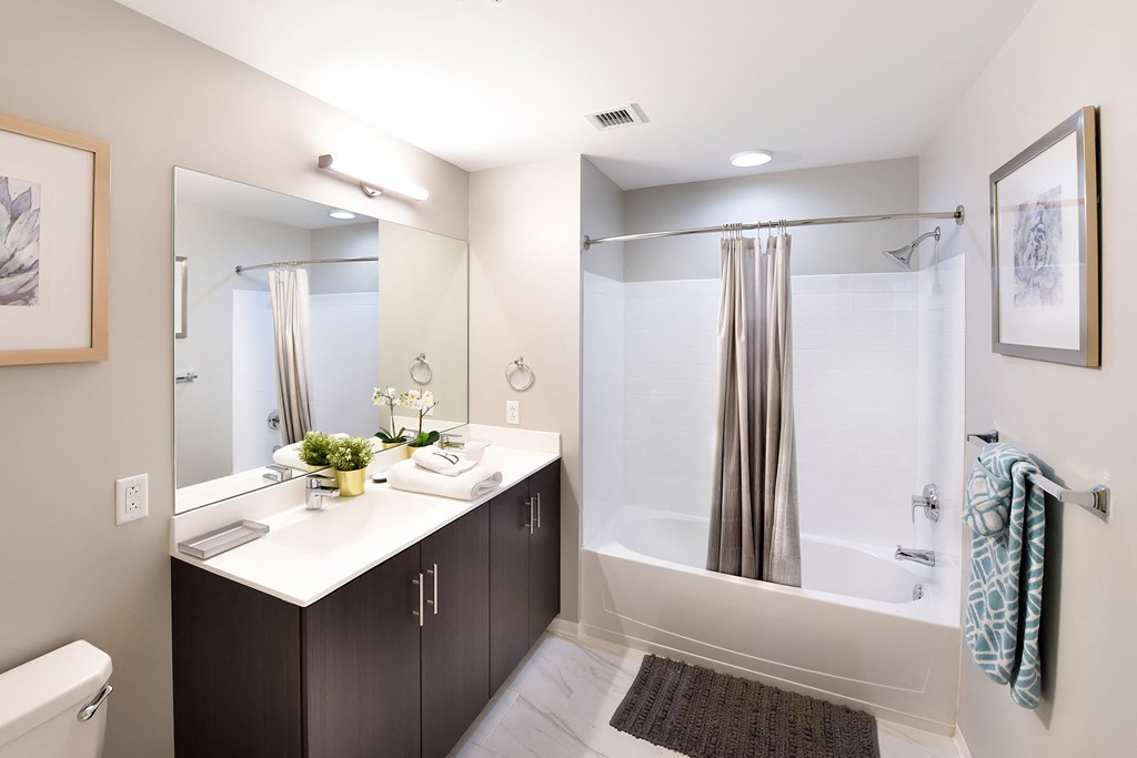 bathroom with large mirror, white counter vanity and bathtub/shower  at Two Twelve Clayton, Clayton, 63105