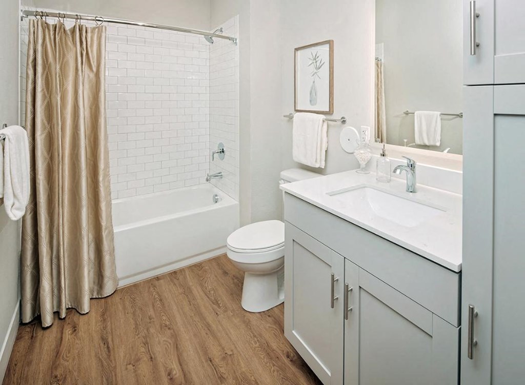 a bathroom with a sink toilet and a bath tub at The Prairie Luxury Apartments, Missouri