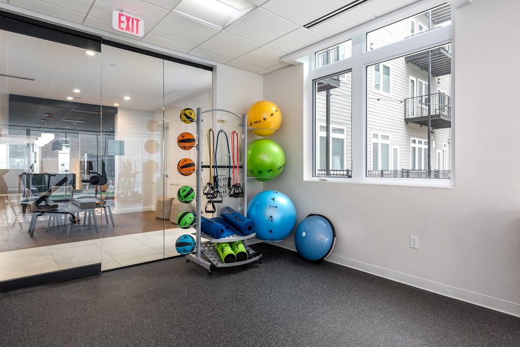 a workout room with weights and balls on the floor at 2200 LaSalle Apartments, Missouri, 63104