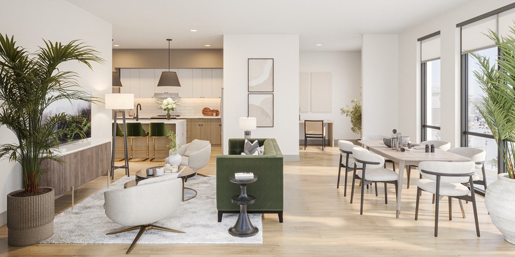 a rendering of a living room and dining room in an apartment at Bemiston Place Apartments, Clayton, 63105