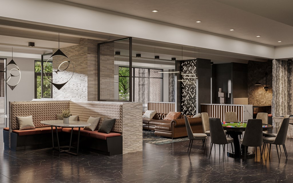 a rendering of a living room with couches tables and chairs