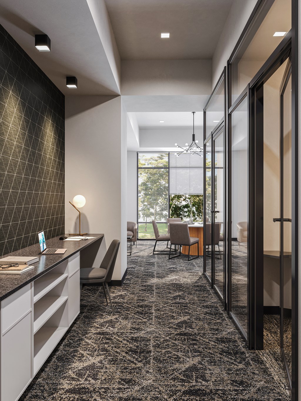 a conference room with a table and chairs and a large window