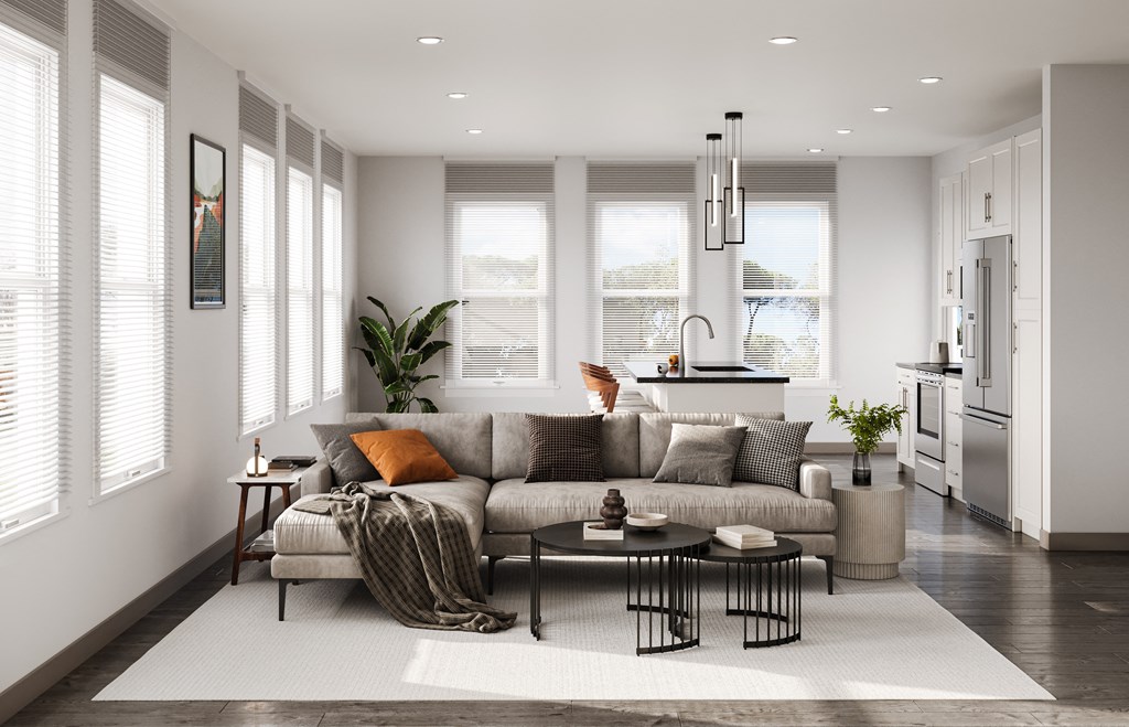 a living room with a couch and a table