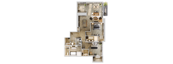3d floor plan of a house with bedrooms and a living room at Bemiston Place Apartments, Missouri