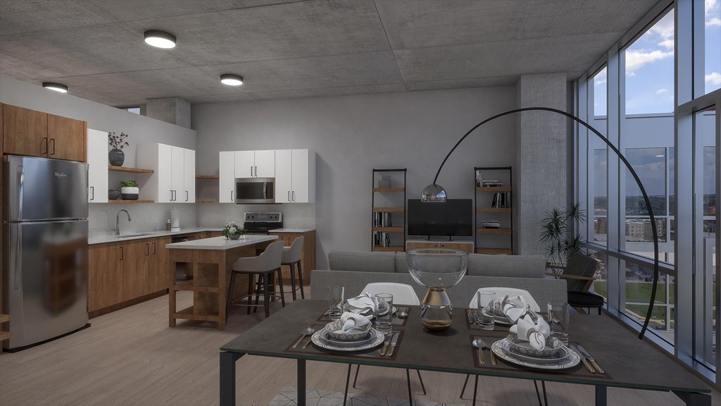 Living Room With Kitchen View  at One Foundry Way, St. Louis, Missouri