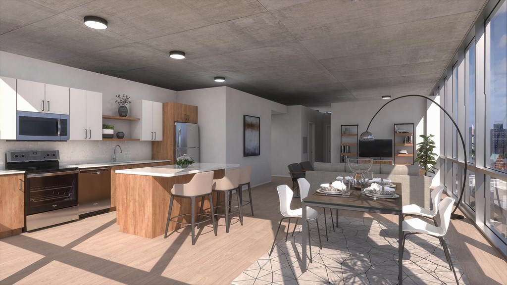 Kitchen With Living Area at One Foundry Way, St. Louis, Missouri