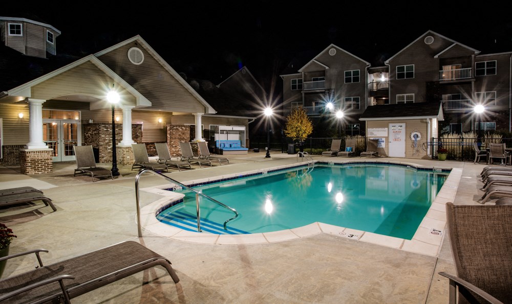 community pool pictured at night at Villas At Crystal Lake, Swansea, IL, 62226