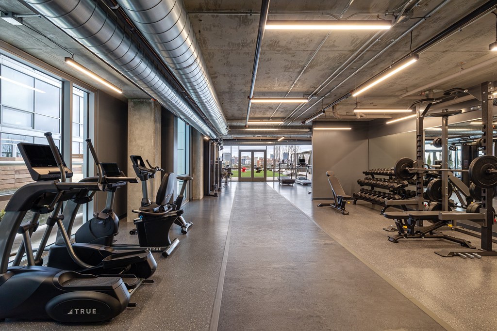 A gym with treadmills and exercise bikes.