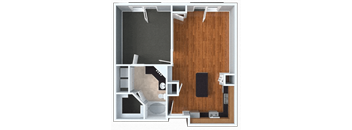 A floor plan of a room with a kitchen area and a living room area.