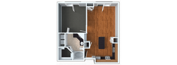 A dollhouse living room with a grey floor and a wooden floor.