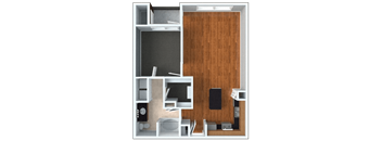 A 3D rendered image of a modern apartment layout.