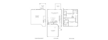A drawing of a two-story house plan with labeled rooms.
