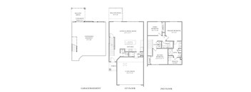 A drawing of a two-story house with a garage and basement.
