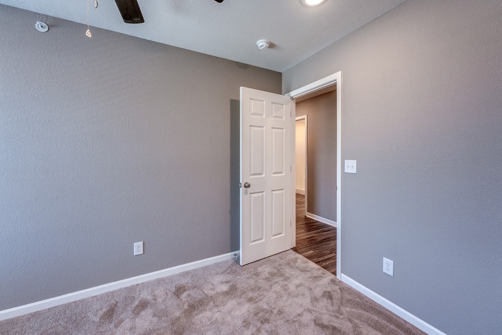 A room with a white door and carpeted floor.