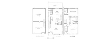 A floor plan of a two story house with a garage.