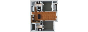 A top-down view of a house layout with a kitchen, living room, and bathroom.