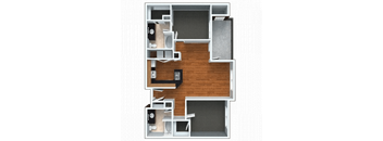 A floor plan of a house with a kitchen, living room, and two bedrooms.