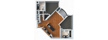 A 3D floor plan of a house with a kitchen, living room, and bathroom.