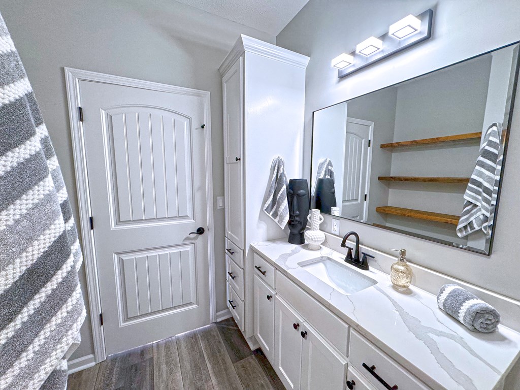 A bathroom with a white sink and a white door.