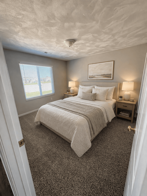 A bedroom with a bed, nightstands, and a window.