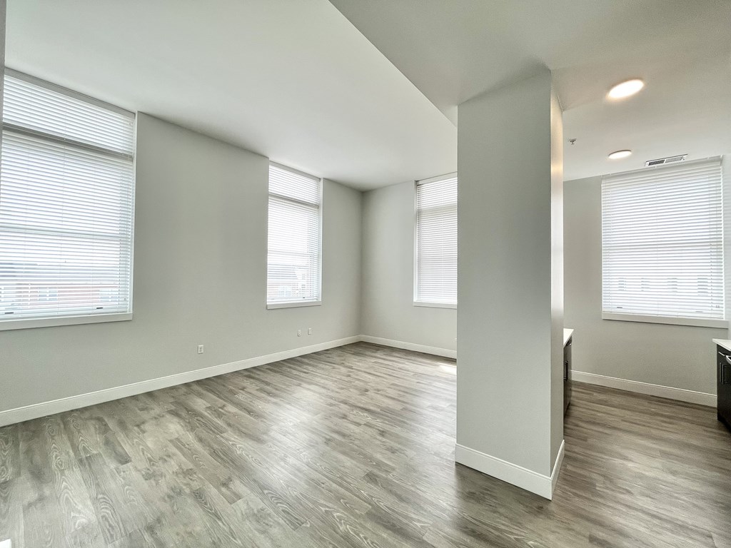 A spacious room with wooden flooring and two windows.