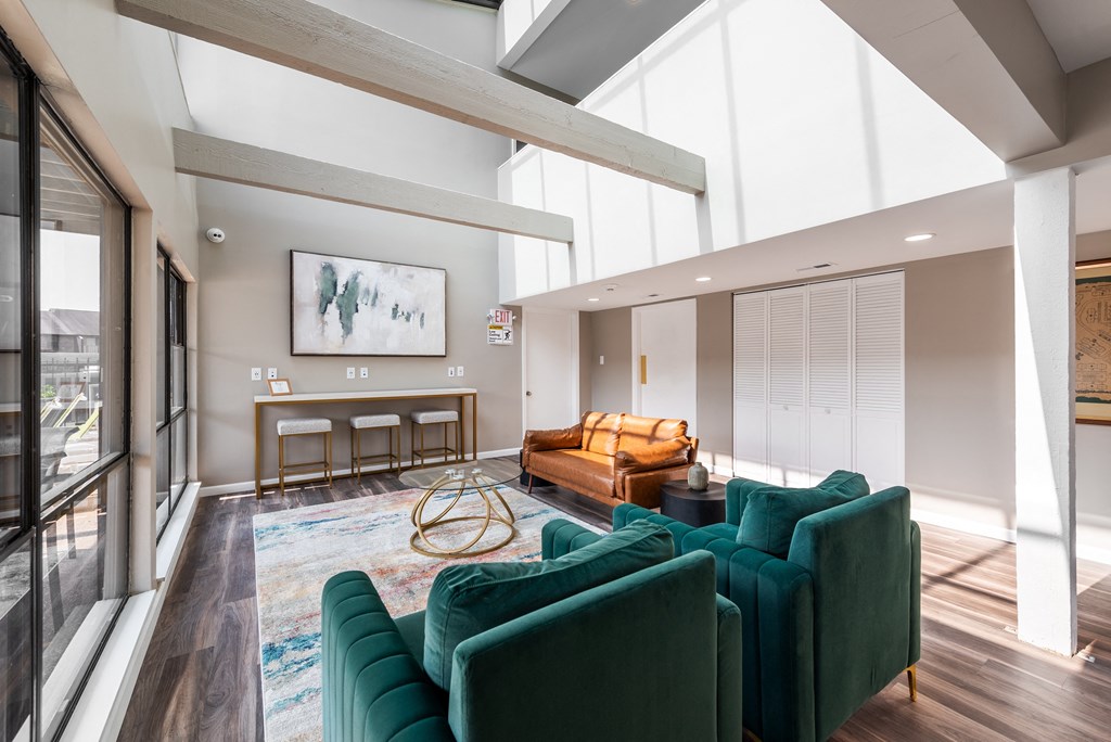 a living room with couches and chairs and a rug