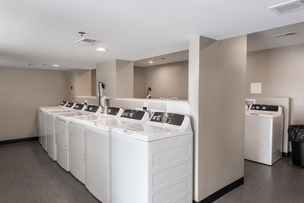 a row of washers and dryers in a laundry room