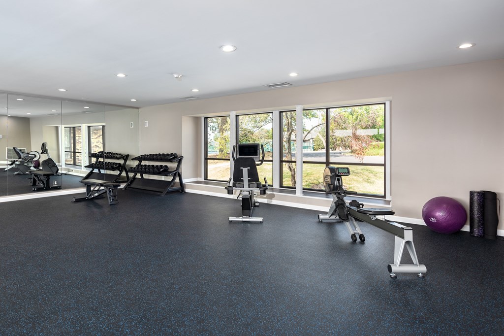 a gym with exercise equipment and windows in a building