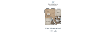 Two bedroom two bathroom floor plan layout at GrandView Flats and Townhomes Apartments, Granger, Indiana