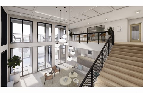 Modern two story clubroom at The Flats & Terraces at Wildhorse Village, Chesterfield, MO