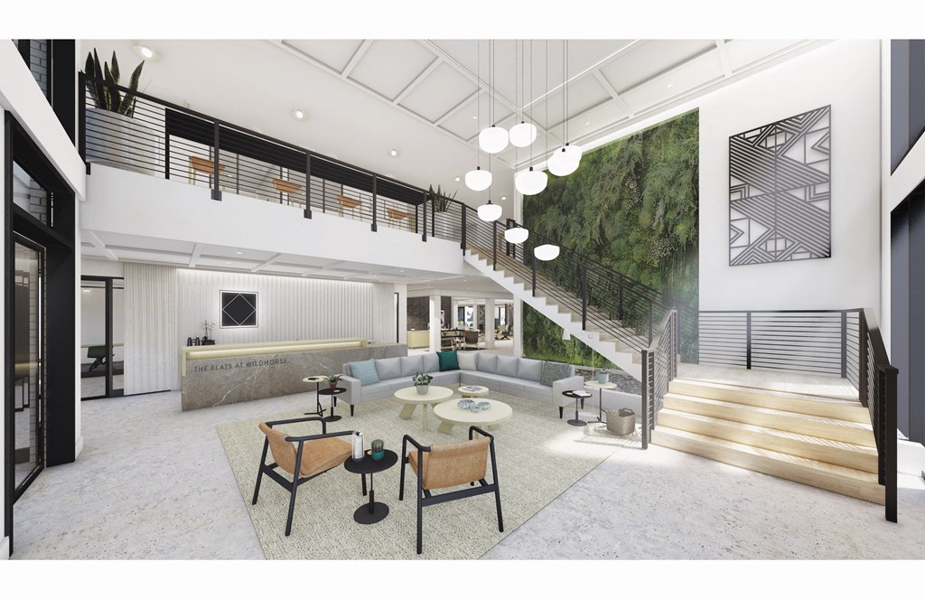 Modern two-story clubhouse at The Flats & Terraces at Wildhorse Village, Missouri, 63005