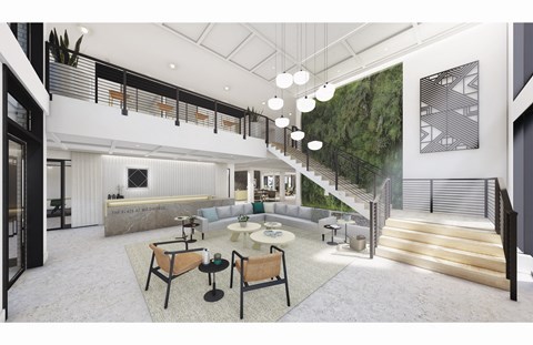 Modern two-story clubhouse at The Flats & Terraces at Wildhorse Village, Missouri, 63005