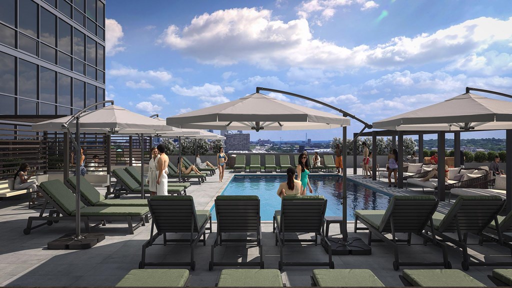  south facing amenity deck with pool, cabanas and grilling stations  at One Foundry Way, St. Louis, 63110
