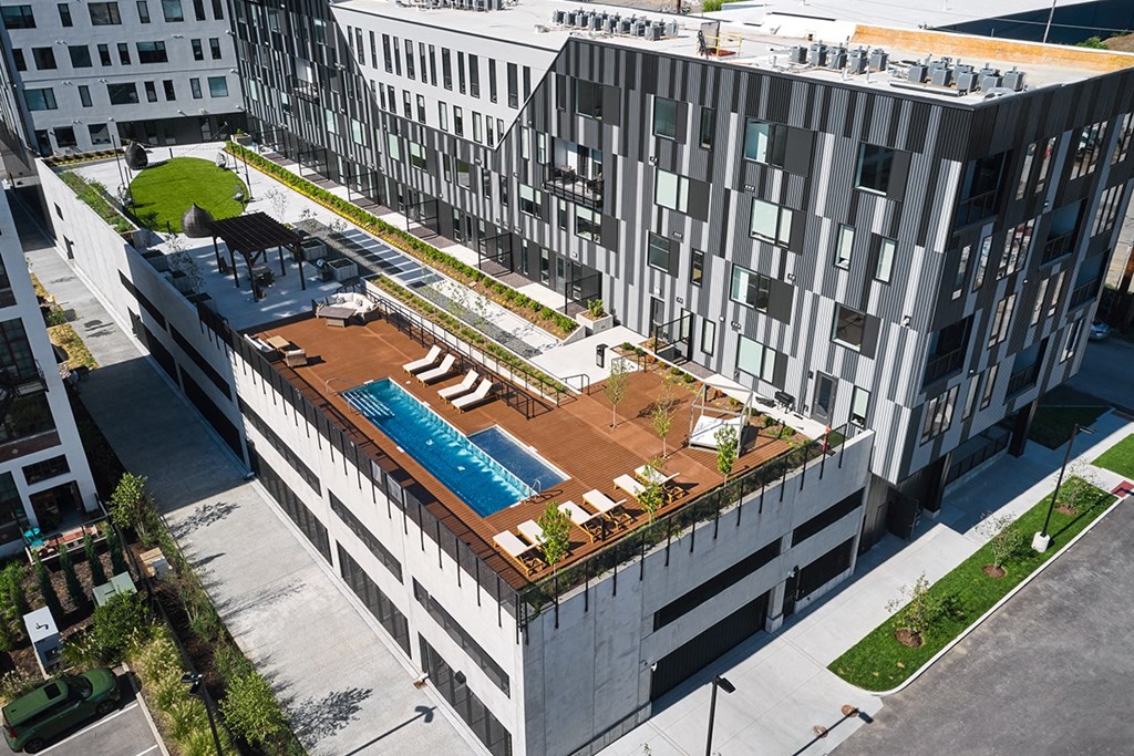 Steelcote Flats amenity deck with pool at Steelcote Square, St. Louis, Missouri