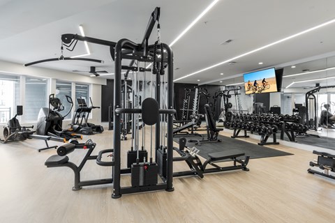 a gym with weights and other exercise equipment on the floor at The Flats & Terraces at Wildhorse Village, Chesterfield, Missouri