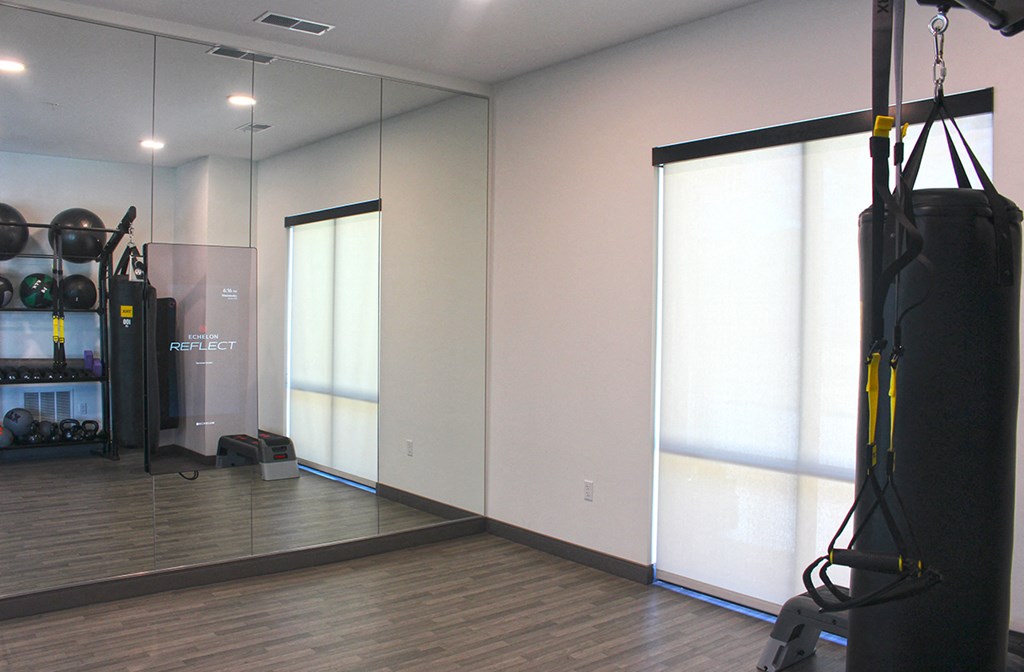 a fitness room with mirrors and equipment on the wall