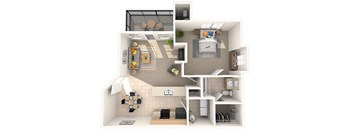 A 3D floor plan of a house with a kitchen, living room, and bedrooms.