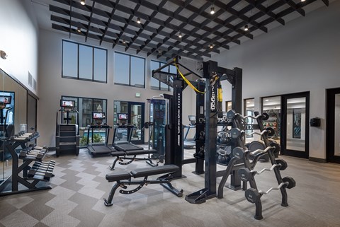 Fitness center with cardio and strength training equipment at Plaza at Pinnacle Hills Apartments, Rogers, AR