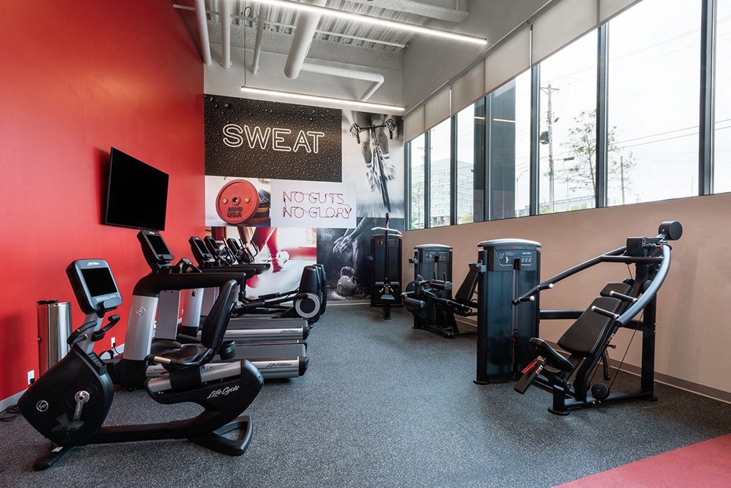 fitness center with treadmills and weight machines at Steelcote Square, St. Louis, Missouri